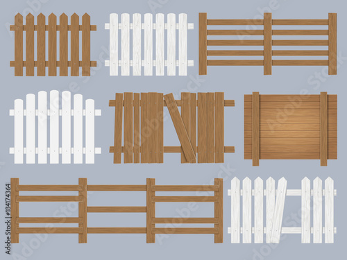 Vector set of wooden fence different forms and color. Isolated detailed design elements.