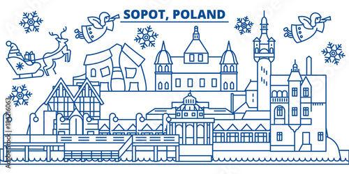 Poland, Sopot winter city skyline. Merry Christmas, Happy New Year decorated banner with Santa Claus.Winter greeting line card.Flat, outline vector. Linear christmas snow illustration
