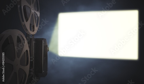 Vintage movie projector is projecting blank screen on wall. 3D rendered illustration.