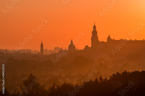 Krakow, Poland, Wawel castle silhouette at sunrise