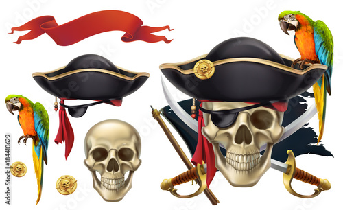 Skull and parrot. Pirate emblem. 3d vector icon set