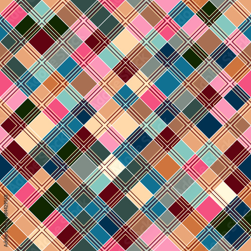 Seamless tartan pattern. Checkered pastel pink blue beige texture for clothing fabric prints and home textile.