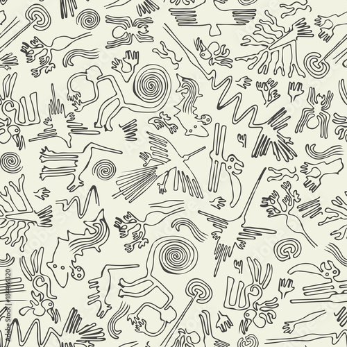 Seamless pattern with drawings in the form of rock carvings.
