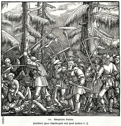 Fighting peasants at German Peasants' War - woodcut by Hans Luetzelburger, after Holbein the Younger (from Spamers Illustrierte Weltgeschichte, 1894, 5[1], 245)