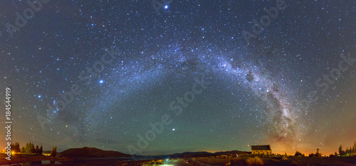 Panorama Milky way at the Church of the Good Shepherd, Lake Tekapo, New Zealand