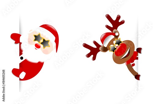 Święty Mikołaj w przeciwslonecznych okularach i renifer, szablon kartka świąteczna