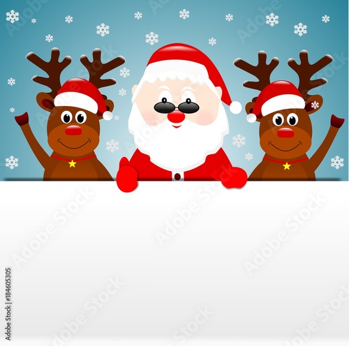 Święty Mikołaj w przeciwslonecznych okularach i dwa renifery, szablon kartka świąteczna