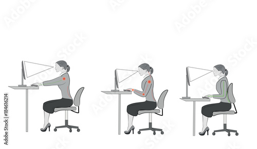 Correct sitting at desk posture ergonomics advices for office workers: how to sit at desk when using a computer 