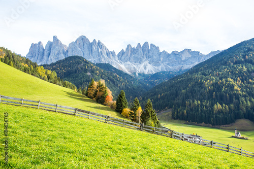 Santa Magdalena is located at Funes valley in Northeastern Italy. Visible from the distance is the Odle Mountain Group, a part of the Southern Limestone Alps so-called Dolomiti or Dolomites.