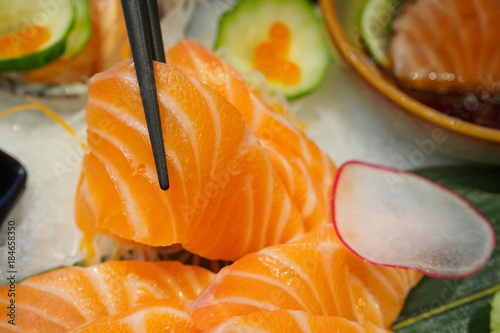 fresh salmon slice sashimi set Japanese style