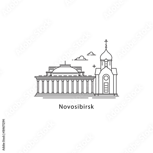 Novosibirsk logo isolated on white background. Novosibirsk s landmarks line vector illustration. Traveling to Russia cities concept.