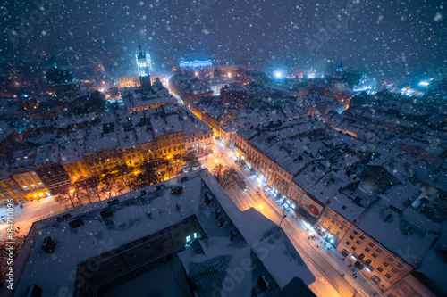 Lviv winter night city panorama 