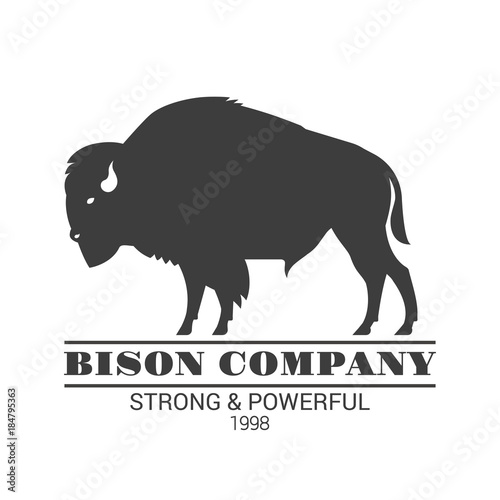 "Bison company" logo template. Vector black color illustration of american bison, standing in profile. Isolated on white.
