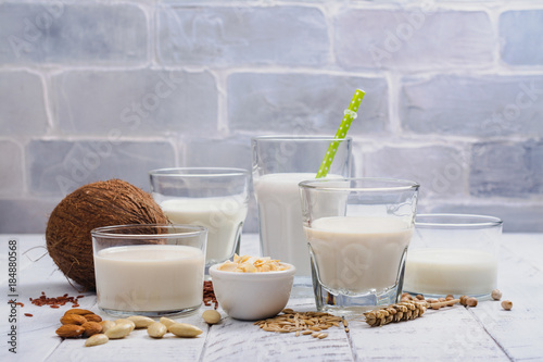 Assortment of non dairy vegan milk and ingredients