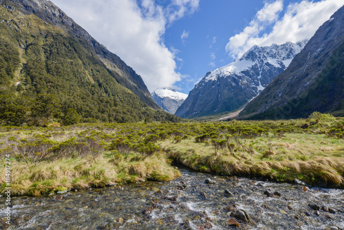 Streams and snowy mountains in New Zealand