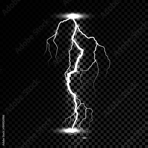 Lightning flash light thunder spark. Vector bolt lightning or electricity blast storm or thunderbolt on transparent background