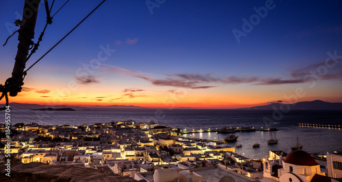 Mykonos island aerial panoramic view at sunset. Mykonos is a island, part of the Cyclades in Greece
