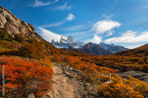Stunningly beautiful autumn view from the tourist trail on the pearl of the Argentine Patagonia - Mount Fitz Roy in the National Park Los Glaciares.