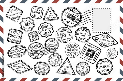 Postal Stamps set on envelope