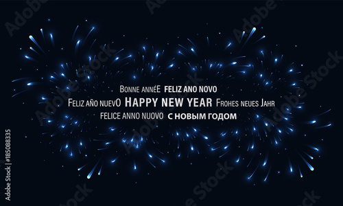 Happy New Year dark blue vector banner with fireworks and glitter.
