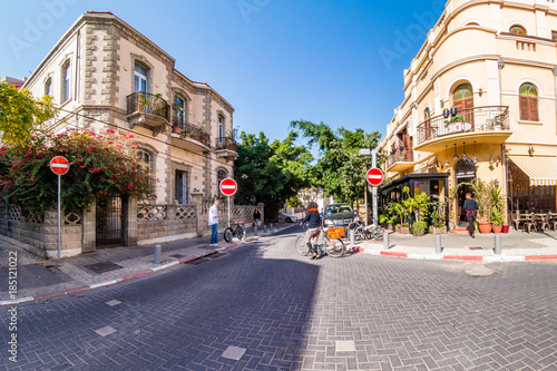 Street scene in Neve Zedek district in Tel Aviv, Israel.
