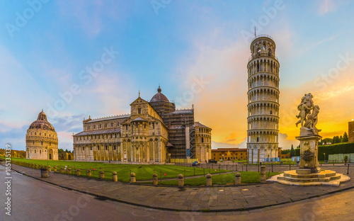 Pisa Cathedral with Leaning Tower of Pisa on Piazza dei Miracoli in Pisa, Tuscany, Italy.