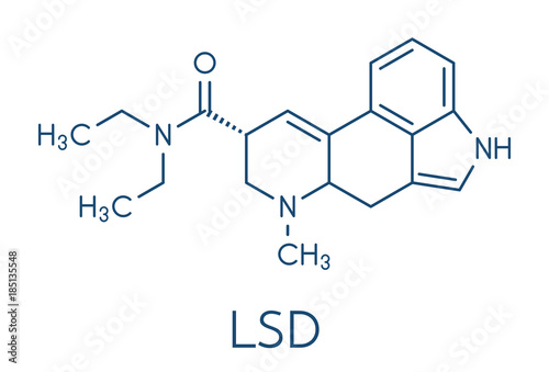 LSD (lysergic acid diethylamide) psychedelic drug molecule. Skeletal formula.