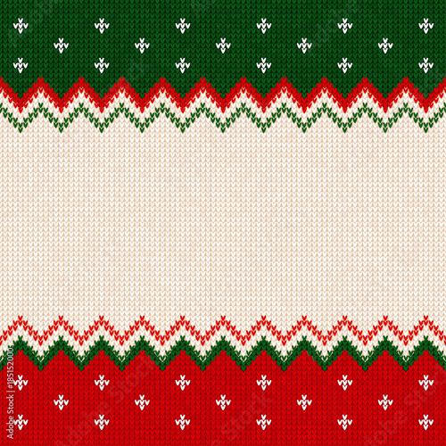 Ugly sweater Merry Christmas and Happy New Year greeting card frame border template. Vector illustration knitted background pattern with scandinavian ornaments. White, red, green colors. Flat style