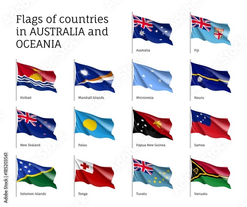 Flags countries Australia and Oceania realistic style set. Collection of national symbols. Vector illustrations of tribes, aborigines, peoples, pacific ocean concept