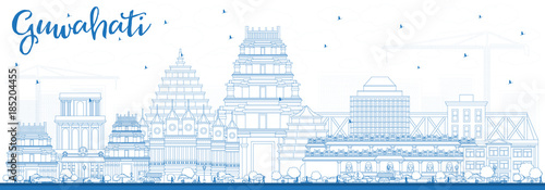 Outline Guwahati India City Skyline with Blue Buildings.