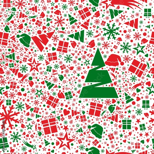 Świąteczny wzór bezszwowy w zielone i czerwone choinki, czapki, śnieżynki, prezenty. Kartka Boże Narodzenie