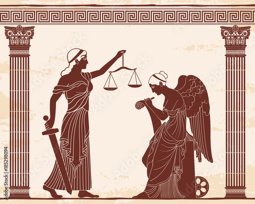 Ancient Greek goddess Themis holds a sword and scales in her hands and Nemesis with the wings. Vector vintage drawing. Brown pattern on a beige background with the aging effect.