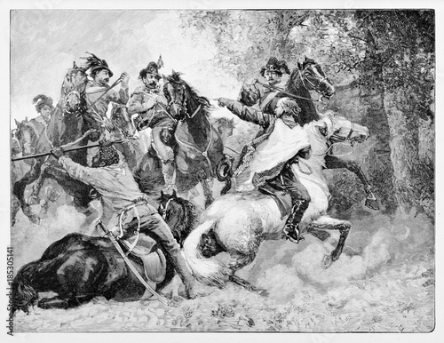 Ancient soldiers running on their horses. Garibaldi and Anghiar directing cavalry against Bourbons troops near Velletri Italy. By E. Matania published on Garibaldi e i Suoi Tempi Milan Italy 1884 