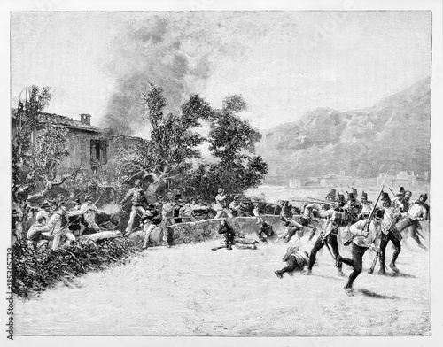 Ancient troops defending a house from the attack of a opposite army using rifles and swords. Luino battle, Italy. By E. Matania published on Garibaldi e i Suoi Tempi Milan Italy 1884