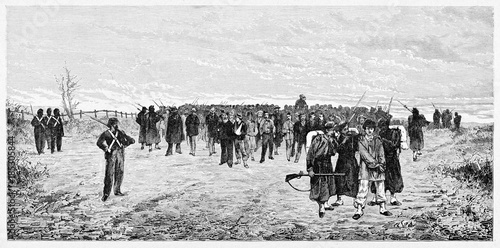 Large amount of war prisoners surrounded by opposite soldiers standing on a grassland. Mentana battle prisoners. By E. Matania published on Garibaldi e i Suoi Tempi Milan Italy 1884