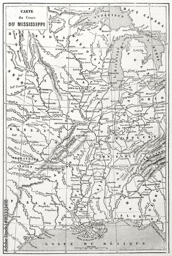 Old topographic map of Mississippi river course. Created by Erhard and Bonaparte published on Le Tour du Monde Paris 1862