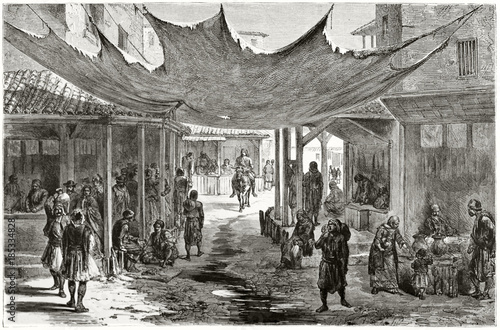 Ancient greek urban context with people living on a narrow street. The Agora Athens. Created by Proust published on Le Tour du Monde Paris 1862