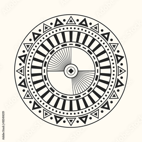 Abstract circular ornament. Ethnic mandala. Stylized sun symbol. Rosette of geometric elements. Tribal ethnic motif. Stencil tattoo and prints. Round pattern. Decorative vector design element.