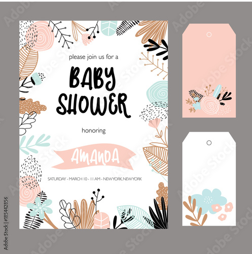 Baby shower invitation template. Floral design elements for decoration. Baby shower holiday greeting cards, vector