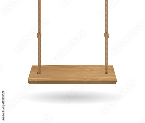 hanging wooden swing with rope on white background