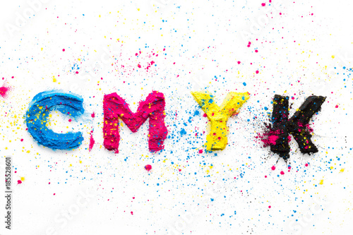 CMYK colour toner for printer cyan magenta yellow on white background