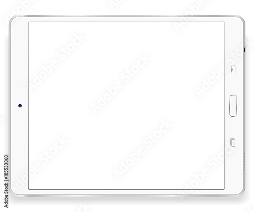 Tablet computer front view isolated in a white background and white button. To present your application