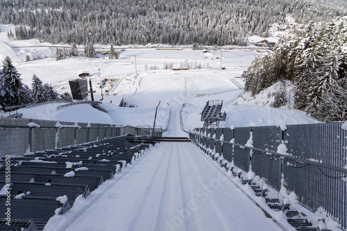 Ski jumping hill in Seefeld, Austria. View from the point of departure to the landing area.