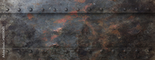 Rusty black metal plate with bolts background, banner. 3d illustration