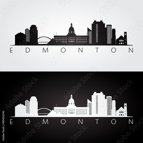 Edmonton skyline and landmarks silhouette, black and white design, vector illustration.