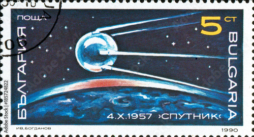 Ukraine - circa 2017: A postage stamp printed in Bulgaria shows picture Sputnik, First Artificial Satellite, 1957. Series: Space Research, Exploration, circa 1990