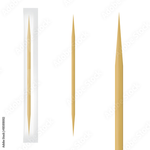 Realistic wooden toothpick in transparent individual package. Vector illustration.