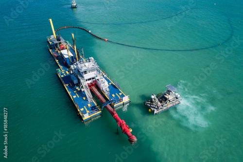 Aerial shot of an industrial barge Miami FL Biscayne Bay