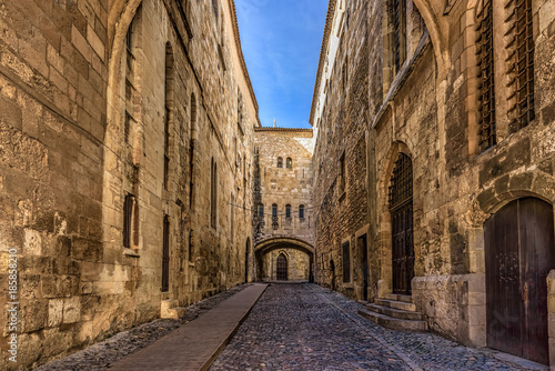 Cobblestone street between high walls in a medieval city