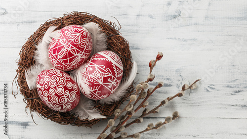 Pysanky, decorated Easter eggs in the nest